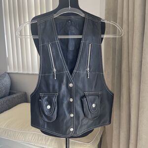 Vincistar VTG FAUX LEATHER  y2k BLACK WHITE STITCH ZIP SNAPS BIKER VEST Size M